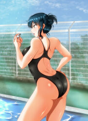 Rule 34 | 1girl, ass, back, bare shoulders, black one-piece swimsuit, blue hair, blurry, blurry background, competition swimsuit, feet out of frame, fence, from behind, gluteal fold, hair bun, hand on own hip, highres, holding, holding whistle, long hair, m.i.y, nape, one-piece swimsuit, open mouth, original, outdoors, pool, short hair, shoulder blades, sky, standing, swimsuit, teeth, thighs, upper teeth only, water, whistle