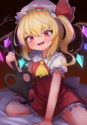 Rule 34 | 1girl, :d, absurdres, arm support, ascot, barefoot, blonde hair, blush, bow, crystal, dark background, fangs, fingernails, flandre scarlet, flat chest, frilled shirt collar, frills, hair between eyes, hair bow, hat, highres, holding, holding weapon, laevatein (touhou), legs apart, looking at viewer, medium hair, mob cap, on bed, one side up, open mouth, puffy short sleeves, puffy sleeves, red eyes, red skirt, red vest, sharp fingernails, short sleeves, simple background, sitting, skirt, skirt set, slit pupils, smile, solo, spread legs, tkc (user snjd8547), touhou, v-shaped eyebrows, vest, wariza, weapon, wings, yellow ascot