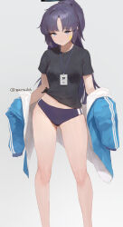 Rule 34 | 1girl, absurdres, black shirt, blue archive, blue eyes, blue jacket, blush, breasts, buruma, full body, grey background, gym uniform, halo, highres, id card, jacket, long hair, looking at viewer, navel, official alternate costume, ponytail, purple eyes, purple hair, shirt, short sleeves, simple background, small breasts, solo, standing, star sticker, sticker on face, track jacket, twitter username, very long hair, yuuka (blue archive), yuuka (track) (blue archive), zeradok
