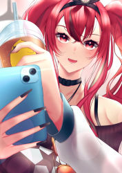 Rule 34 | 1girl, alternate costume, azur lane, bird, black nails, blush, bremerton (azur lane), bremerton (day-off date) (azur lane), cellphone, chick, choker, collar, commentary request, cup, disposable cup, drink, drinking straw, drop shadow, eyebrows hidden by hair, fake nails, fingernails, flashlight, food, holding, holding cup, holding food, holding phone, lens flare, lipgloss, long sleeves, looking at viewer, lower teeth only, miyuki (9029009), nail polish, no mole, off-shoulder sweater, off shoulder, open mouth, phone, pink lips, pov, red eyes, red hair, shadow, smartphone, smile, star (symbol), strap, sweater, taking picture, teeth, twintails, two-tone sweater