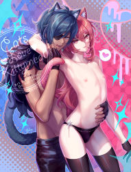 Rule 34 | 2boys, animal ears, black gloves, blue eyes, blush, cat ears, closed mouth, dark-skinned male, dark skin, diluc (genshin impact), earrings, eyepatch, fylus, genshin impact, gloves, hair between eyes, highres, holding, jewelry, kaeya (genshin impact), long hair, male focus, multicolored hair, multiple boys, muscular, muscular male, necktie, nipples, open clothes, open mouth, open shirt, pants, ponytail, red eyes, red hair, shirt, simple background, smile, twitter username, underwear, yaoi