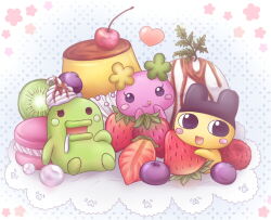 1girl 2boys blueberry blush_stickers cherry chibi chibi_only commentary_request dessert eyelashes flower flowertchi food fruit gem kiwi_(fruit) kiwi_slice kouta. kuchipatchi leaf looking_at_viewer macaron mametchi mini_person miniboy minigirl multiple_boys oversized_food oversized_object parfait pearl_(gemstone) pudding sitting smile solid_circle_eyes strawberry strawberry_slice tamagotchi tamagotchi_connection