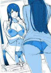 Rule 34 | 1boy, 1girl, arisawa masaharu, ass, back, bathroom, blue theme, bra, breasts, cameltoe, cleavage, door, female pubic hair, finger to own chin, highres, large breasts, lingerie, long hair, looking at viewer, mirror, monochrome, navel, nipples, no pants, open clothes, open door, open shirt, panties, peeking, pubic hair, reflection, see-through, sink, sketch, smile, thighs, underwear