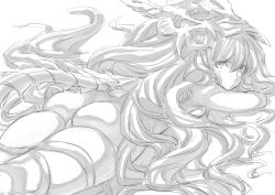 Rule 34 | 1girl, ass, bad id, bad twitter id, bodysuit, curly hair, from behind, granblue fantasy, greyscale, highres, long hair, looking at viewer, lying, medusa (shingeki no bahamut), monochrome, on stomach, scowl, shingeki no bahamut, simple background, solo, tail, tori udon, very long hair