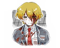 Rule 34 | 1boy, black jacket, bleeding, blonde hair, blood, blood on clothes, blood on face, closed mouth, collared shirt, highres, id card, jacket, limbus company, looking at viewer, project moon, rnaro maro, shirt, sinclair (project moon), solo, white shirt, wing collar, yellow eyes