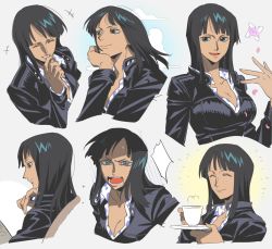 Rule 34 | 1girl, ^ ^, black dress, black hair, blue eyes, blunt bangs, breasts, cleavage, closed eyes, closed mouth, cup, dark-skinned female, dark skin, dress, expressions, from side, hands up, head rest, highres, holding, long sleeves, multiple views, nico robin, one piece, open mouth, petals, qin (7833198), reading, simple background, smile, worried