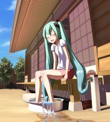 Rule 34 | 1girl, breasts, closed eyes, faucet, green hair, hatsune miku, hose, long hair, open mouth, sitting, small breasts, soaking feet, solo, twintails, uz3d, very long hair, vocaloid, water, what