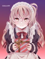 Rule 34 | 1girl, alternate costume, apron, black dress, blonde hair, bow, bowtie, braid, brown eyes, commentary request, dress, enmaided, french braid, frilled apron, frills, gift, gradient background, highres, kantai collection, kukimaru, long hair, looking at viewer, maid, maid headdress, red bow, red bowtie, smile, solo, wavy hair, white apron, zara (kancolle)
