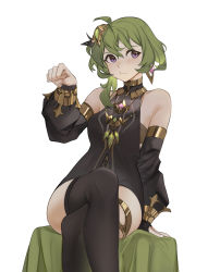 Rule 34 | 1girl, :t, absurdres, ahoge, arm support, bandeau, bare shoulders, black dress, black thighhighs, breasts, chest sarashi, collei (genshin impact), commentary, crossed legs, detached sleeves, dress, feet out of frame, genshin impact, green hair, hair between eyes, hair ornament, hand up, highres, jewelry, lamota, long sleeves, looking at viewer, medium breasts, microdress, necklace, purple eyes, sarashi, short hair, simple background, sitting, sleeveless, sleeveless dress, solo, thighhighs, thighlet, thighs, white background
