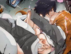 Rule 34 | 2girls, bag, black hair, bleach, bra, bra lift, grabbing another&#039;s breast, breasts, breasts out, closed eyes, clothed sex, facing another, female focus, french kiss, from side, grabbing, highres, hug, huge breasts, indoors, inoue orihime, jacket, kiss, kuchiki rukia, long hair, long sleeves, maxi, multiple girls, nipples, off shoulder, open clothes, open mouth, open shirt, orange hair, phone, photo (object), room, saliva, school uniform, sex, shirt, short hair, spread legs, text focus, thighhighs, underwear, wall, white legwear, yuri
