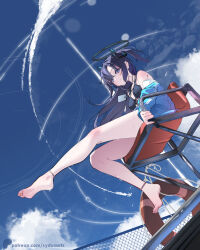 Rule 34 | 1girl, barefoot, blue archive, blue sky, halo, legs, lifeguard, lifeguard chair, long hair, looking at viewer, purple hair, sky, solo, swimsuit, sydus, tube, yuuka (blue archive)