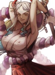 Rule 34 | 1girl, aqua hair, armpits, arms up, bare arms, bare shoulders, breasts, brown eyes, club (weapon), cuffs, earrings, green hair, grey hair, hair ornament, hair stick, hakama, handcuffs, high ponytail, highres, holding, holding weapon, hoop earrings, horns, japanese clothes, jewelry, kimono, large breasts, long hair, looking at viewer, multicolored hair, multicolored horns, nsgw, one piece, oni, red horns, rope, sideboob, sidelocks, sleeveless, sleeveless kimono, smile, solo, v-shaped eyebrows, very long hair, weapon, yamato (one piece)