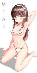 Rule 34 | 1girl, arm behind head, armpits, bikini, blush, collarbone, commentary request, girls&#039; frontline, haneiro, highres, kneeling, long hair, looking at viewer, m4a1 (girls&#039; frontline), multicolored hair, navel, simple background, solo, streaked hair, swimsuit, white background, white bikini
