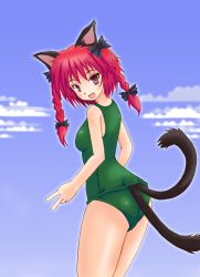 Rule 34 | 1girl, animal ears, bad id, bad pixiv id, bow, braid, cat ears, cat girl, cat tail, fangs, female focus, hair ribbon, kaenbyou rin, multiple tails, one-piece swimsuit, red eyes, red hair, ribbon, school swimsuit, solo, sumapan, swimsuit, tail, touhou, twin braids, twintails