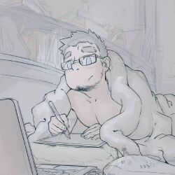 Rule 34 | 1boy, :/, artist self-insert, bara, beard stubble, bookshelf, bulge, computer, covering privates, covering with blanket, deformed, dogephalus, drawing tablet, facial hair, glasses, huge eyebrows, laptop, lying, male focus, mature male, navel, navel hair, nude cover, on stomach, original, pectorals, short hair, sideburns, solid oval eyes, solo, stubble, thick thighs, thighs, toned, toned male, topless male