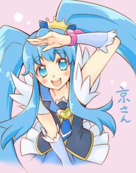Rule 34 | 10s, 1girl, arakawa tarou, blue eyes, blue hair, blue skirt, blush, brooch, crown, cure princess, eyelashes, hair ornament, happinesscharge precure!, happy, heart, heart brooch, jewelry, long hair, looking at viewer, magical girl, matching hair/eyes, open mouth, pink background, precure, shirayuki hime, shirt, skirt, smile, solo, translation request, twintails, vest, wrist cuffs