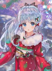 Rule 34 | 1girl, absurdres, ayaka (genshin impact), black bow, blue eyes, blue hair, blurry, blurry background, bow, brown gloves, christmas, christmas tree, commentary request, floral print, flower, fur-trimmed kimono, fur trim, genshin impact, gloves, hair bow, hair flower, hair ornament, highres, holly, holly hair ornament, isuzu (an icy cat), japanese clothes, kimono, long hair, looking at viewer, open mouth, ponytail, red bow, red kimono, sash, signature, snowflakes, snowing, standing, wide sleeves