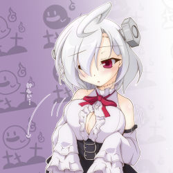 Rule 34 | 1girl, :o, ahoge, arm belt, azur lane, bare shoulders, belt, black skirt, blush, bolt, bow, breast lift, breasts, cleavage cutout, clothing cutout, detached sleeves, frilled shirt, frills, hair over one eye, hands in opposite sleeves, high-waist skirt, highres, kurenaidahlia, large breasts, multiple belts, purple eyes, red bow, shirt, short hair, skirt, sleeves past wrists, solo, stitches, terror (azur lane), upper body, white hair