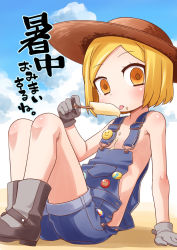 Rule 34 | 1girl, akou roushi, arm support, badge, blonde hair, blush, boots, brown eyes, button badge, commentary request, empty eyes, fate/grand order, fate (series), flat chest, food, gloves, hat, licking, looking at viewer, messy, naked overalls, overalls, paul bunyan (fate), paul bunyan (third ascension) (fate), popsicle, shochuumimai, short hair, sitting, smiley face, solo, tongue, tongue out