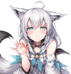 Rule 34 | 1girl, ahoge, animal ears, braid, candy, closed mouth, detached sleeves, food, fox ears, fox girl, fox tail, green eyes, highres, holding, holding candy, holding food, hololive, looking at viewer, md5 mismatch, mirukurim, open mouth, resolution mismatch, shirakami fubuki, shirakami fubuki (1st costume), single braid, solo, source larger, tail, tongue, virtual youtuber, white hair