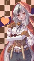 Rule 34 | 1girl, :d, animal ears, belt, black hair, black ribbon, box, breasts, brown belt, brown corset, brown gloves, cape, checkered background, collared shirt, corset, cowboy shot, dress shirt, fang, fire emblem, fire emblem fates, fuussu (21-kazin), gift, gift box, gloves, grey hair, heart, holding, holding gift, hood, hood up, hooded cape, long hair, long sleeves, looking at viewer, medium breasts, multicolored hair, neck ribbon, nintendo, open mouth, orange eyes, ribbon, shirt, smile, solo, streaked hair, tail, two-tone hair, velouria (fire emblem), white shirt, wolf ears, wolf girl, wolf tail