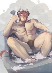 Rule 34 | 1boy, abs, absurdres, achille93647552, animal ears, arknights, bara, bathing, bathtub, beard, blue male swimwear, bulge, cow boy, cow ears, cow tail, facial hair, full body, highres, humus (arknights), large pectorals, looking at viewer, lying, male focus, male swimwear, mature male, multicolored hair, muscular, muscular male, navel, navel hair, nipples, on back, pectorals, red hair, short hair, shower head, smile, soap bubbles, solo, stomach, streaked hair, swim briefs, tail, thick eyebrows, thighs, topless male, wet, wet male swimwear