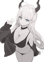 1girl, absurdres, ahoge, bare shoulders, bikini, blue eyes, breasts, choker, cleavage, collarbone, cowboy shot, cross choker, demon horns, front-tie bikini, front-tie top, greyscale, hand up, highres, horns, jacket, large breasts, long hair, long sleeves, looking at viewer, mole, mole on breast, monochrome, navel, nekojira, off shoulder, open clothes, open jacket, original, parted lips, pointy ears, sidelocks, solo, spot color, stomach, string bikini, swimsuit, thighs, v, very long hair