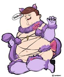 Rule 34 | 1boy, absurdres, animal ears, brown hair, cleft chin, cosplay, double chin, family guy, fat, fat man, fate/grand order, fate (series), fur-trimmed gloves, fur-trimmed legwear, fur bikini, fur trim, gloves, green eyes, highres, kowai (iamkowai), male focus, mash kyrielight, mash kyrielight (dangerous beast), mash kyrielight (dangerous beast) (cosplay), navel, peter griffin, purple gloves, purple tail, purple thighhighs, revealing clothes, short hair, solo, tail, thighhighs, very short hair, wolf ears, wolf tail