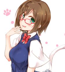 Rule 34 | 10s, 1girl, animal hands, bespectacled, bow, breasts, brown hair, cardigan, fake tail, fang, glasses, green eyes, idolmaster, idolmaster cinderella girls, looking at viewer, looking to the side, maekawa miku, medium breasts, red-framed eyewear, red bow, rinrin (927413), school uniform, short hair, solo, tail, vest