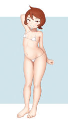 Rule 34 | 1girl, absurdres, arezu (pokemon), arm up, bare arms, bare legs, bare shoulders, barefoot, bikini, blue background, collarbone, creatures (company), flat chest, full body, game freak, grin, highres, looking at viewer, matching hair/eyes, navel, nintendo, pokemon, pokemon legends: arceus, red eyes, red hair, sc naru, short hair, simple background, smile, solo, standing, swimsuit, toes, white background, white bikini