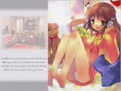 Rule 34 | 00s, 1girl, :d, asahina mikuru, barefoot, bed, bow, brown eyes, brown hair, couch, curtains, cushion, dress, feet, feet together, hand on own ear, hand on own ear, headphones, indoors, ito noizi, leaning back, long hair, no pants, open mouth, oversized clothes, panda, panties, pantyshot, pillow, ribbon, shelf, shirt slip, sitting, smile, solo, stuffed animal, stuffed toy, sunlight, suzumiya haruhi no yuuutsu, sweater, sweater dress, teddy bear, toes, underwear, white panties, window