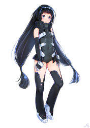 Rule 34 | 1girl, absurdres, bare shoulders, black gloves, black hair, black leotard, black thighhighs, blue eyes, blunt bangs, blurry, blush, bodysuit, boots, breasts, closed mouth, covered navel, dated, depth of field, elbow gloves, from side, frown, full body, gloves, hair tubes, hands on own thighs, hieung, high collar, highres, leotard, long hair, looking at viewer, low-tied long hair, low twintails, original, science fiction, signature, simple background, small breasts, solo, thigh boots, thighhighs, thighs, turtleneck, twintails, very long hair, white background