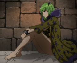 Rule 34 | 1girl, bare legs, barefoot, bed, bed sheet, bra, brandish mew, breasts, closed mouth, coat, cross, cuffs, expressionless, fairy tail, feet, from side, green eyes, green hair, hair ornament, indoors, large breasts, looking ahead, matching hair/eyes, prison, prison cell, restrained, room, screencap, short hair, sitting, solo, underwear, wall