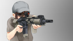 Rule 34 | 1girl, aiming, assault rifle, bad id, bad pixiv id, brown hair, foregrip, genso, goggles, gradient background, gun, hat, military operator, muzzle device, original, rifle, scope, simple background, solo, weapon