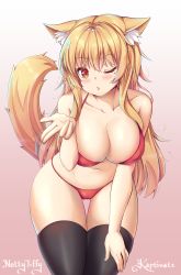 Rule 34 | 1girl, ;o, absurdres, animal ear fluff, animal ears, artist name, bare arms, bare shoulders, bikini, black thighhighs, blonde hair, blush, breasts, cameltoe, cat ears, cat girl, cat tail, cleavage, collaboration, collarbone, commentary, commentary request, covered erect nipples, cowboy shot, english commentary, gluteal fold, gradient background, hand on own thigh, head tilt, highres, kaptivate, large breasts, leaning forward, long hair, looking at viewer, nottytiffy, one eye closed, original, parted lips, pink background, red bikini, red eyes, slit pupils, solo, string bikini, swimsuit, tail, thighhighs, very long hair