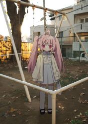 1girl :| ahoge architecture autumn_leaves bag black_footwear blush bow building chain chain-link_fence closed_mouth commentary_request day fence full_body grass hair_ornament hairband heart heart_ahoge highres holding holding_bag leaf long_hair long_sleeves looking_at_viewer nakkar original outdoors photo_background pink_eyes pink_hair plaid_clothes plaid_sailor_collar sailor_collar skirt sleeves_past_wrists socks solo standing swing thighhighs tree twintails twitter_username white_bag white_bow white_hairband white_sailor_collar white_skirt white_socks