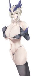 Rule 34 | 1girl, absurdres, areola slip, artoria pendragon (all), artoria pendragon (fate), artoria pendragon (lancer alter) (fate), ass, bikini, black bikini, black thighhighs, breasts, cleavage, collarbone, elbow gloves, fate/grand order, fate (series), gloves, highres, large breasts, light brown hair, looking at viewer, memory342, saber (fate), simple background, solo, swimsuit, thigh gap, thighhighs, white background
