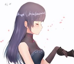 Rule 34 | 1girl, bad id, bad twitter id, bare shoulders, black gloves, black hair, blunt bangs, blush, breasts, cleavage, closed eyes, earrings, ephemer (kingdom hearts), gloves, jewelry, kingdom hearts, kingdom hearts unchained x, long hair, mizu ramen, necklace, petals, see-through, simple background, skuld (kingdom hearts), sleeveless, small breasts, solo focus, star (symbol), star earrings, star necklace, straight hair, turtleneck, white background