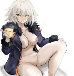 Rule 34 | ahoge, breasts, casual nudity, coat, cup, fate/apocrypha, fate/grand order, fate (series), feet out of frame, fur-trimmed coat, fur-trimmed sleeves, fur trim, highres, holding, holding cup, jeanne d&#039;arc alter (fate), jeanne d&#039;arc alter (ver. shinjuku 1999) (fate), large breasts, naked coat, nipples, official alternate costume, open clothes, open coat, pussy, rakeemspoon, short hair, sketch, uncensored, white background, yellow eyes