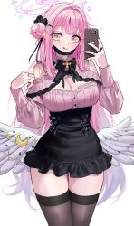 Rule 34 | 1girl, absurdres, angel wings, black nails, black skirt, black thighhighs, blue archive, blush, breasts, cellphone, cleavage, closed mouth, crescent, crescent pin, feathered wings, fingernails, hair bun, hair ornament, hairclip, halo, highres, holding, holding phone, large breasts, long hair, long sleeves, looking at viewer, mell (dmwe3537), mika (blue archive), nail polish, phone, pink hair, pink halo, pink shirt, shirt, simple background, single side bun, skirt, smartphone, smile, solo, thighhighs, tongue, tongue out, white background, white wings, wings, x hair ornament, yellow eyes