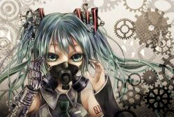 Rule 34 | 1girl, blacksio, blue eyes, blue hair, collared shirt, detached sleeves, gears, hair ornament, hands up, hatsune miku, long hair, long sleeves, looking at viewer, mechanical arms, nail polish, necktie, respirator, shirt, single mechanical arm, sleeveless, sleeveless shirt, solo, twintails, vocaloid