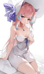 Rule 34 | 1girl, :/, absurdres, alternate costume, bare arms, bare shoulders, berserker r, blush, bow-shaped hair, breasts, cleavage, closed mouth, colored tips, commentary request, dress, genshin impact, hat, head wings, highres, jewelry, long hair, looking at viewer, medium breasts, multicolored hair, pendant, pink hair, purple eyes, sangonomiya kokomi, sidelocks, simple background, sitting, sleeveless, sleeveless dress, solo, strap slip, sun hat, sundress, thighs, two-tone hair, white background, white dress, white hat, wings
