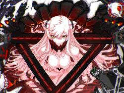 Rule 34 | 10s, 1boy, 1girl, abyssal admiral (kancolle), abyssal ship, admiral (kancolle), breasts, cleavage, downblouse, dress, giant, giantess, hair between eyes, horns, kantai collection, large breasts, long hair, looking at viewer, midway princess, pale skin, serious, smile, sw (2311550438), upper body, veins, white dress, white hair, yellow eyes