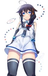 Rule 34 | 1girl, ahoge, arms at sides, bad id, bad pixiv id, black gloves, black hair, black thighhighs, blue eyes, braid, commentary request, cosplay, cowboy shot, elbow gloves, from below, gloves, hair flaps, hair ornament, hair over shoulder, ittokyu, kantai collection, samidare (kancolle), samidare (kancolle) (cosplay), school uniform, serafuku, shigure (kancolle), shirt, single braid, sleeveless, sleeveless shirt, smile, solo, spoken blush, standing, thighhighs, white background