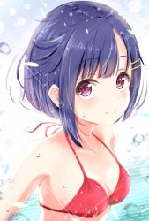 Rule 34 | 1girl, bikini, blue hair, bokutachi no remake, breasts, cleavage, closed mouth, collarbone, fluno, hair ornament, hairclip, halterneck, highres, looking at viewer, red bikini, red eyes, red ribbon, ribbon, shino aki, short hair, small breasts, smile, solo, swimsuit, upper body