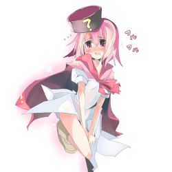 Rule 34 | 1girl, bare legs, benesse, blush, cape, dress, flying sweatdrops, full-face blush, full body, hatena yousei, kanikama, looking at viewer, no panties, pink eyes, pink hair, shoes, solo, standing, white dress