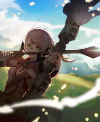 Rule 34 | 1girl, aiming, arrow (projectile), au ra, blue sky, bow (weapon), cirina mol, cloud, covered mouth, cowboy shot, day, drawing bow, feathers, field, final fantasy, final fantasy xiv, from side, grass, green eyes, hair ribbon, highres, holding, holding bow (weapon), holding weapon, jacket, jewelry, lens flare, mountainous horizon, mugi kosuta, necklace, outdoors, pink hair, pink jacket, ribbon, ring, scales, short hair, sky, solo, weapon