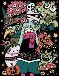 Rule 34 | 1girl, bow, bug, cat, closed eyes, feet out of frame, garouma, green hair, highres, jack-o&#039;-lantern, long hair, mushroom, open mouth, original, pink bow, purple scarf, scarf, signature, skull, smile, solo, spider