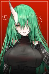 Rule 34 | 1girl, alternate costume, arknights, black shirt, breasts, clothing cutout, commentary request, green hair, hair between eyes, highres, horn/wood, horns, hoshiguma (arknights), hoshiguma (ronin huntress) (arknights), large breasts, long hair, long sleeves, looking at viewer, official alternate costume, scar, scar on face, shirt, shoulder cutout, single horn, skin-covered horns, smile, solo, yellow eyes