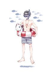 Rule 34 | 1boy, black eyes, black hair, commentary request, fish, full body, highres, holding, holding swim ring, innertube, looking at viewer, male focus, monkey d. luffy, nata kokone, nipples, one piece, short hair, shorts, solo, striped clothes, striped shorts, swim ring, topless male, twitter username, whistle, whistle around neck, whistling, white background